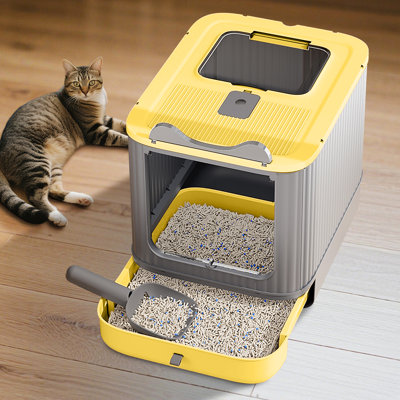 Fully Enclosed Cat Litter Box with Lid and Drawer, 3-Stage Adjustable Covered Litter Box for Kittens to Adult Cats, Anti-Splash, Odor Control, Yellow