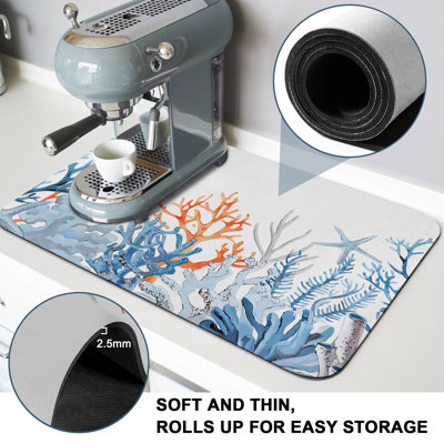 Ocean Blue Coral on White Dish Drying Mat,Absorbent Diatomaceous Earth Mats Marine Life Coffee Mat Dishes Drainer Pad for Kitchen Counter Rack Sink Utensils,50x80inch