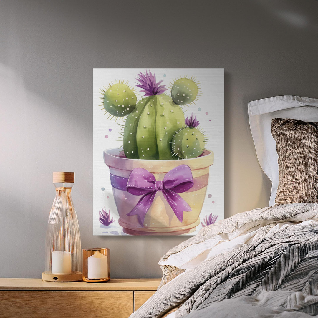 Cute Watercolor Cactus Canvas Art with Purple Bow, Potted Succulent Plant Lover Gift, Botanical Nursery Wall Decor Print