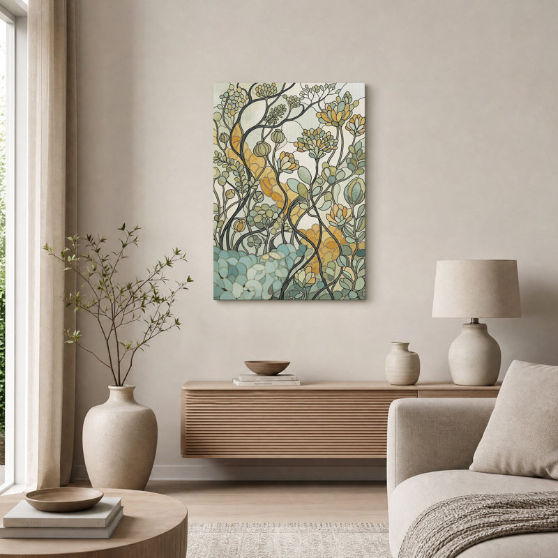 Tableau sur toile à motif floral vert et jaune discret, 24"H x 16"W