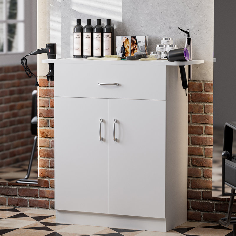 Station de rangement pour styliste avec tiroir et 6 supports pour sèche-cheveux Salon, Blanc