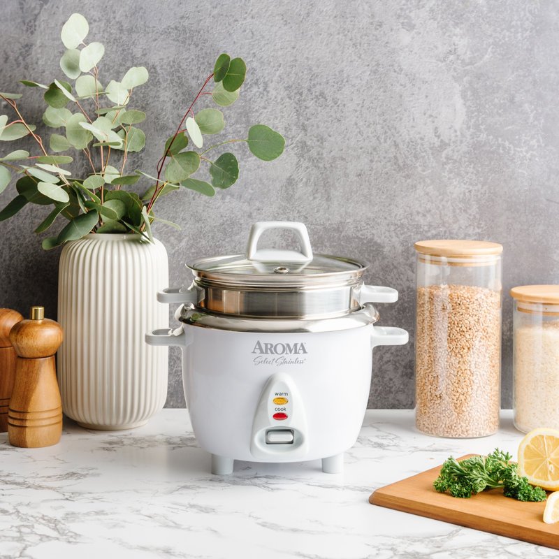 AROMA Select Stainless Rice Cooker, 3-Cup (Uncooked) / 6-Cup (Cooked), Steamer, Stainless Steel Inner Pot, 1.2 Qt