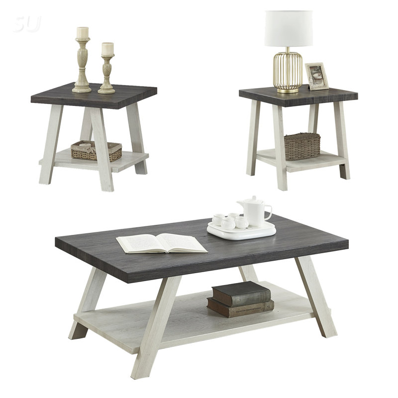 Ensemble de 3 tables basses contemporaines à tablette en bois gris anthracite et beige, pour un décor rustique ou moderne