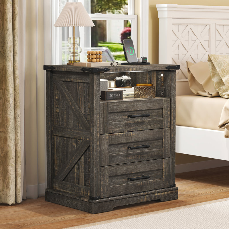 Farmhouse 3-Drawer Nightstand with Charging Station & Motion-Activated LED Light, Wooden Bedside Table for Bedroom, Black