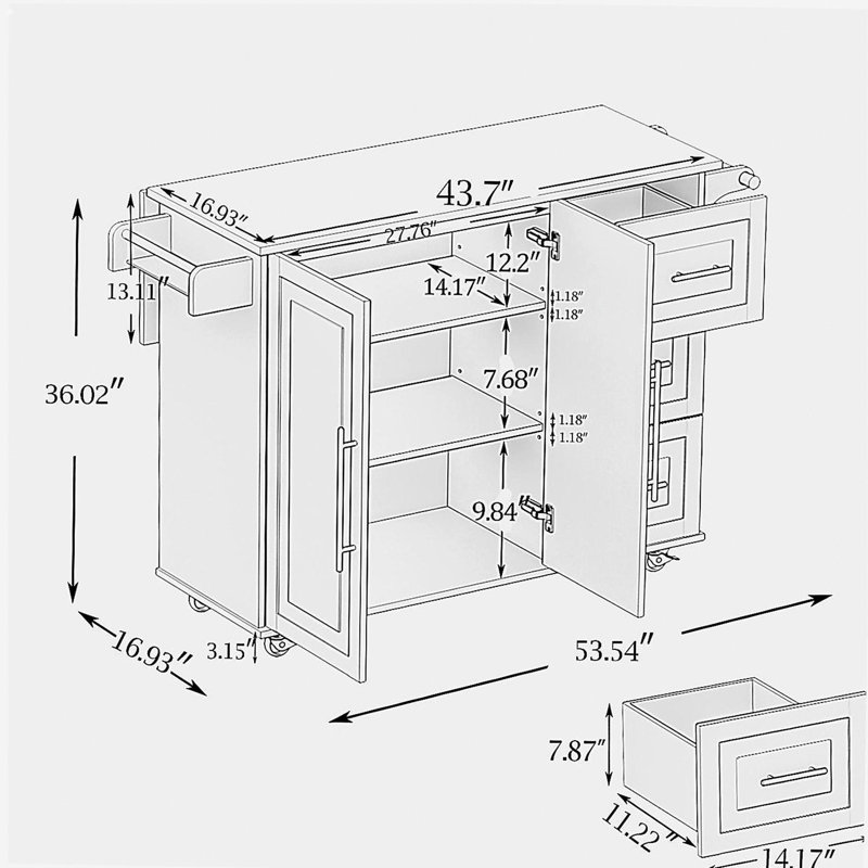 Étagère à épices, porte-serviettes et table en bois massif extensible - Îlot de cuisine blanc, Blanc