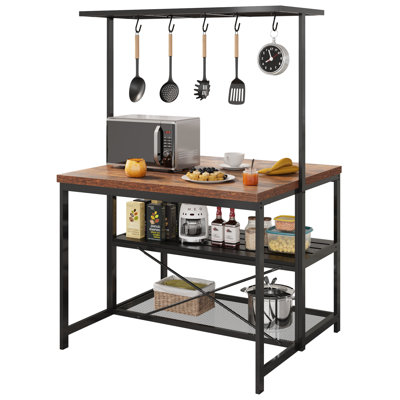 42-Inch Kitchen Island with Storage in Wood - Bakers Rack with 3-Tier Shelves and 5 Hooks, Prep Table for Kitchen