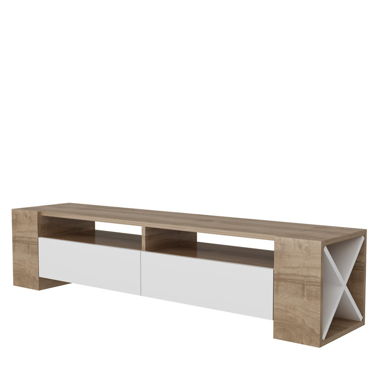 Meuble télé moderne avec plusieurs tablettes, noyer et blanc, 61,0 po x 13,8 po x 13,8 po | 100% panneau de particules enduit de mélamine, épaisseur: 0,7 pouce | Solution de rangement élégante pour le salon et les espaces de divertissement
