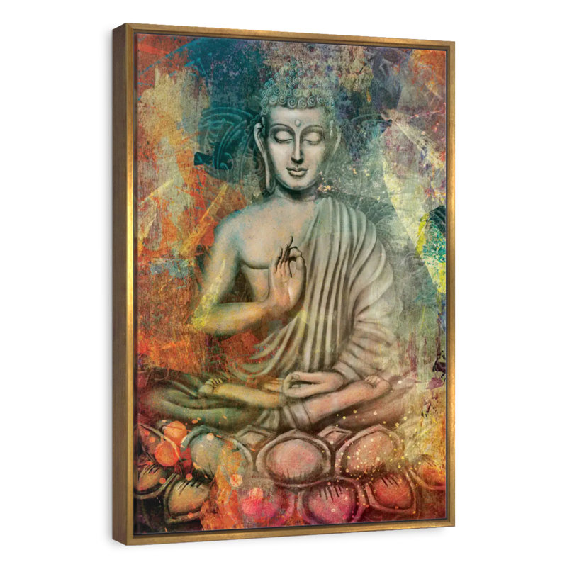 Bouddha assis en couleurs, Cadre flottant doré, 21 po x 31 po