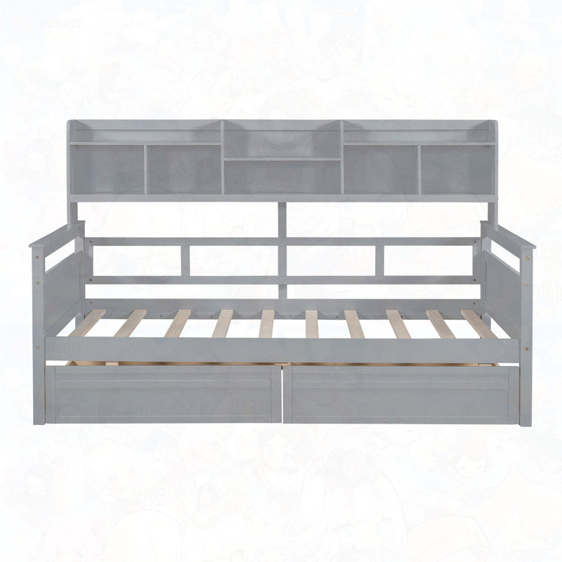 Daybed, Wood Slat Support, with Bedside Shelf and Two Drawers, Gray, Twin