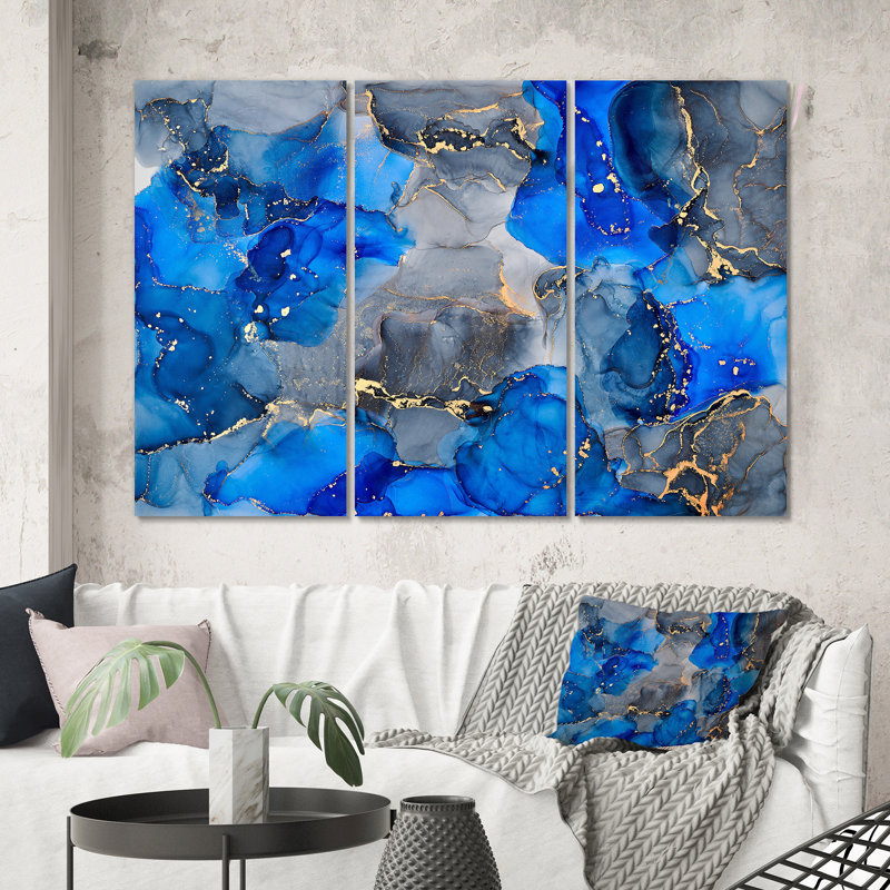 «Blue and Grey Luxury Abstract Fluid Art V», reproduction d'art sur toile moderne, H 40 po x l 60 po x P 1 po