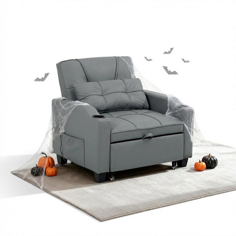 Lit gigogne escamotable, canapé-lit convertible 3 en 1 avec coussin lombaire à massage vibratoire, fauteuil inclinable simple avec port USB / Type-C, porte-gobelets et poche latérale pour petits espaces