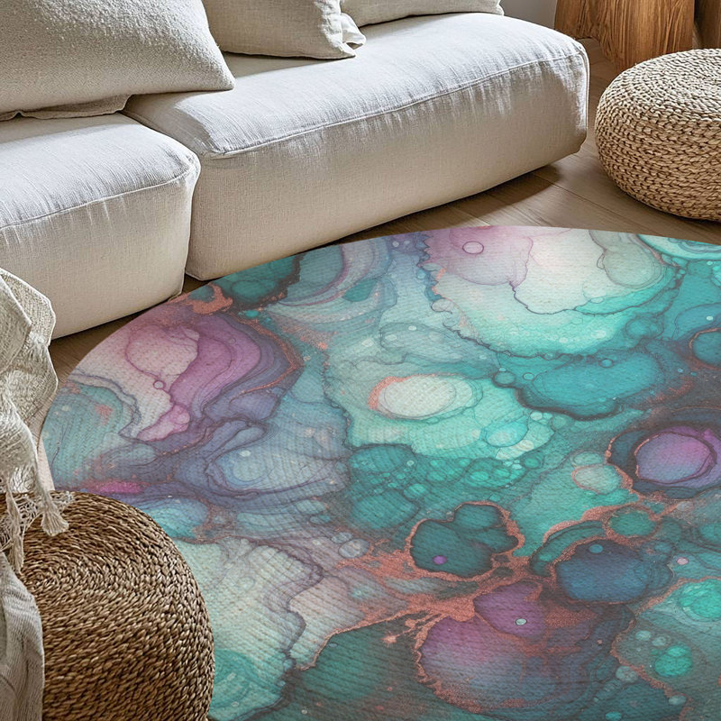 Violet-Teal Ink Flow Braided Rug, Round 5'