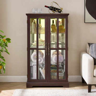 Armoire haute en verre à double porte en treillis, bande lumineuse RVB en couleur, 3 tablettes réglables, grande capacité pour la cuisine, le salon, le bureau et la chambre à coucher