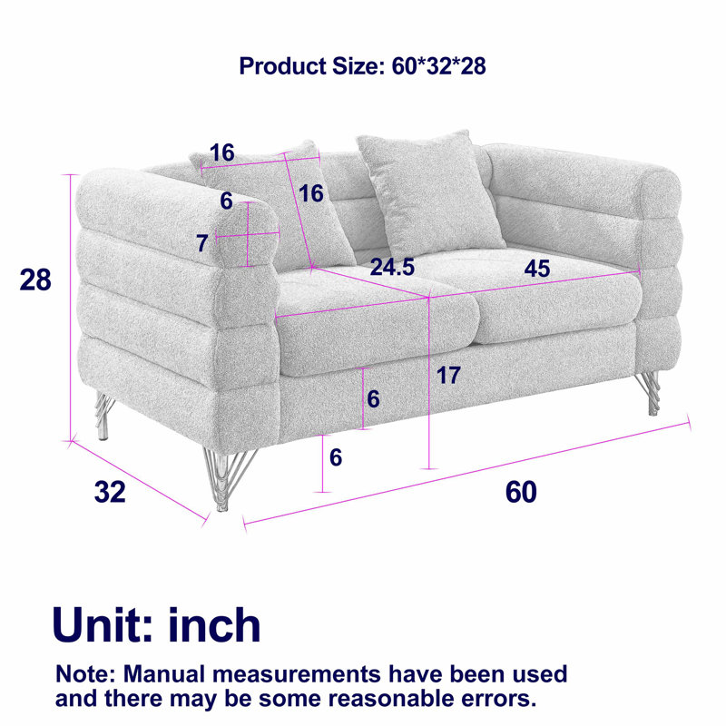 Oversized 2-Seater Sectional Sofa With Deep Seating And 2 Pillows, Ivory Teddy