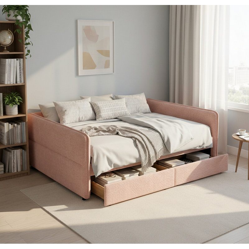Lit de jour grand rembourré avec tiroirs Modern Boucle, Rose
