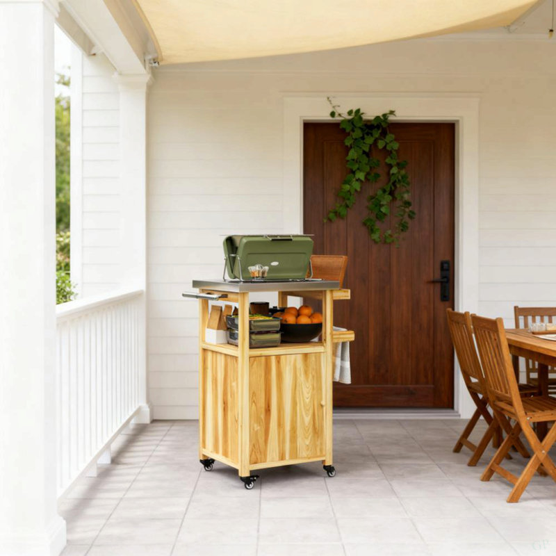 Wood Outdoor Kitchen Island,Outdoor Grill Cart,With Stainless Steel Top,Wheels,Integrated Hole
