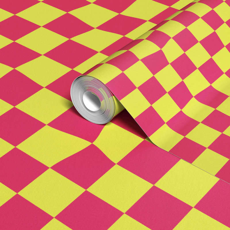 Warped Checkerboard Wallpaper, Yellow/Pink