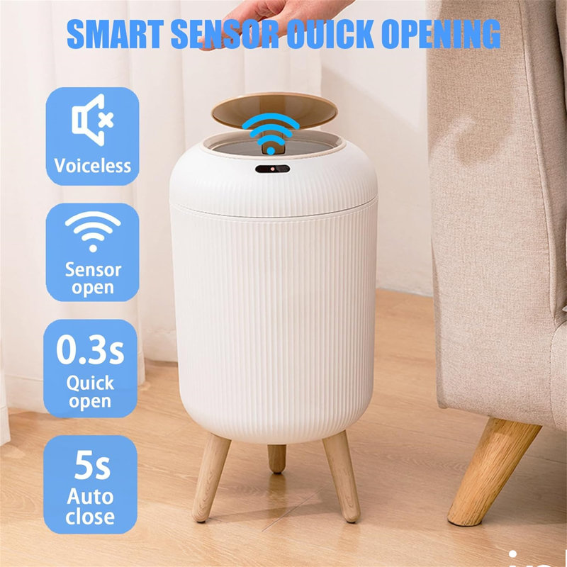 White Plastic Touchless Motion Sensor Trash Can with Lid