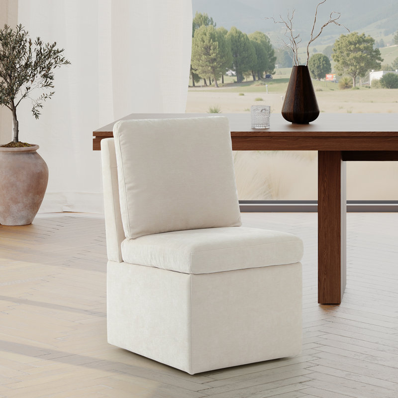 Chenille Upholstered Dining Chair With Storage With Casters, Cream