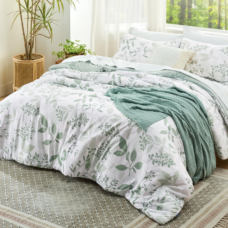 Ensemble d'édredon Literie Floral, Feuilles vertes sauge, Édredon double + 2 taies décoratives standards