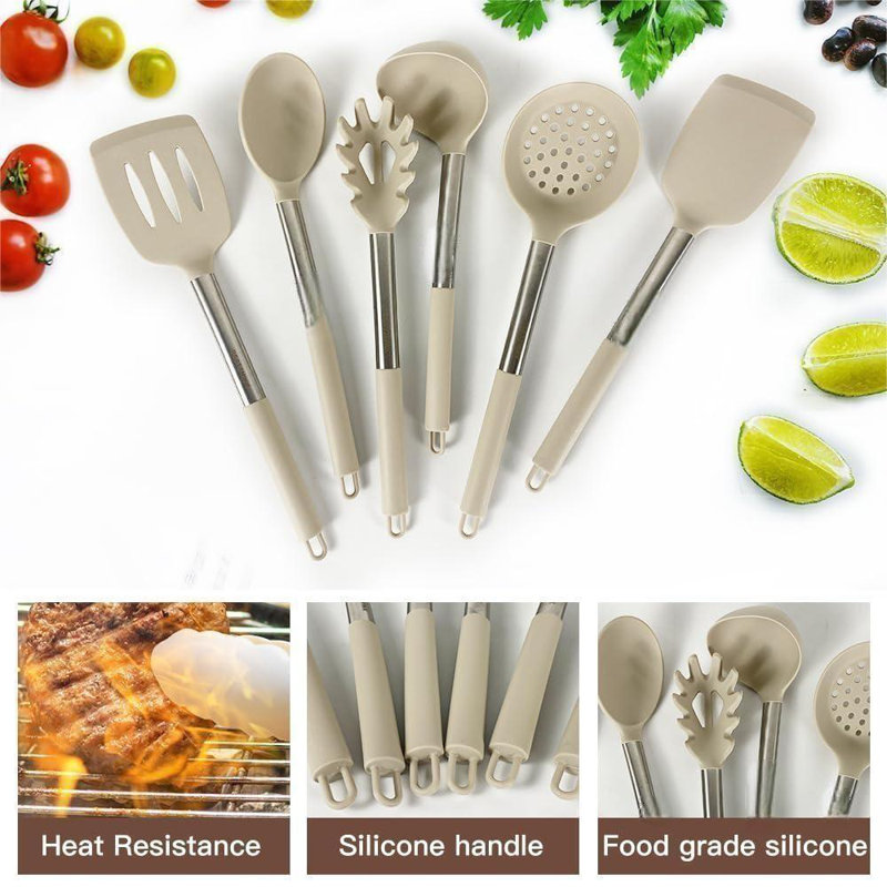 Khaki Non-Stick Silicone and Stainless Steel 33-Piece Cooking Utensils Set