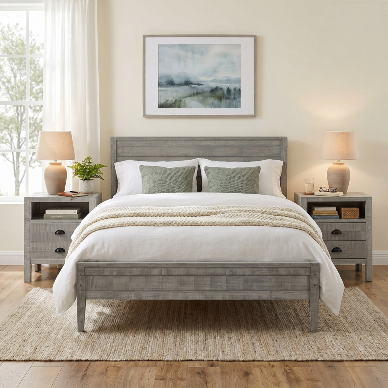 Ensemble de chambre à coucher 3 pièces Windsor - Lit double à panneau avec 2 tables de chevet assorties (gris), gris