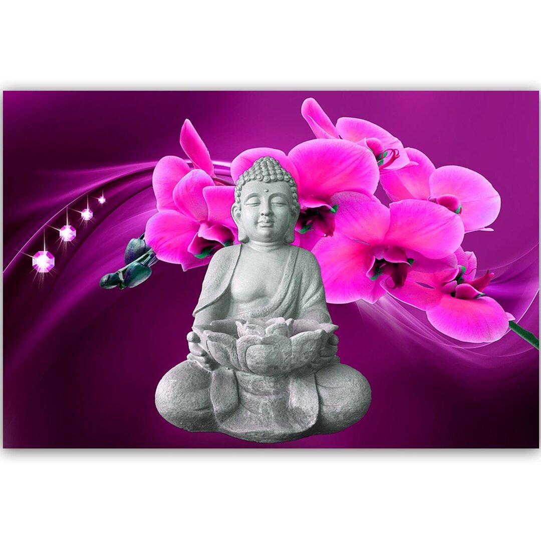 Leinwandbild Buddha mit Orchideen 1