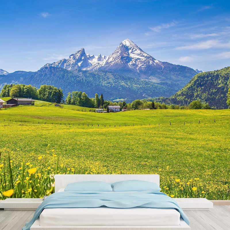 Adhésif mural paysage vert pré et fleurs, L 66 po x l 96 po