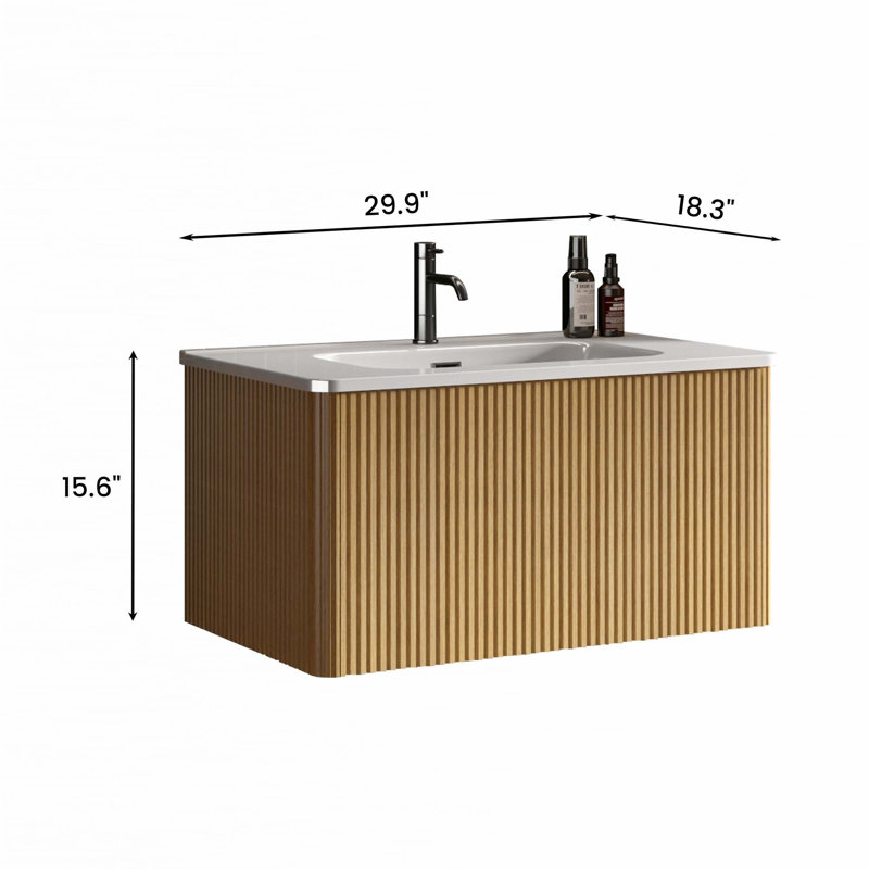 Bathroom Vanity With White Ceramic Sink, Oak, 30" 