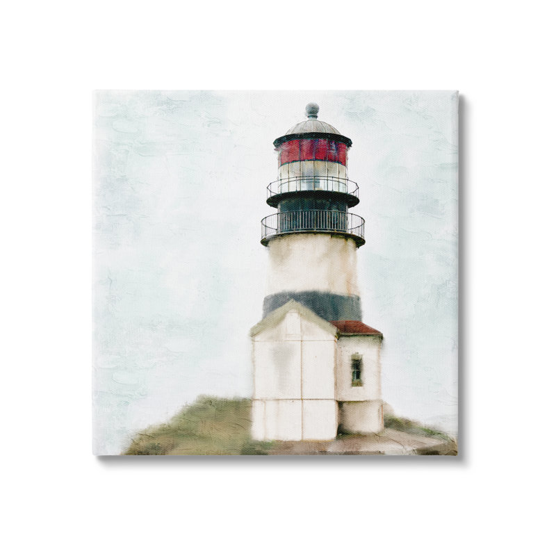Calm, phare, ciel clair, plage de l'océan par Kim Allen - Peinture, Toile tendue, H 17 po x l 17 po x P 1,5 po