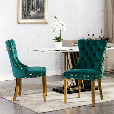 Chaise de salle à manger contemporaine en bois massif avec revêtement en velours et pieds en acier inoxydable doré, garniture cloutée, 2 pièces, or noir, chaise haute Sw1601gn, revêtement, pieds 2 pièces