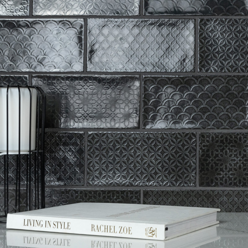Camden 8" x 4" Ceramic Patterned Subway Tile, Nero