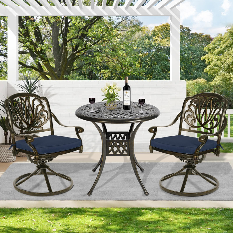 2 - Person Patio Dining Set with Round Table , Cushions Included, Navy Blue