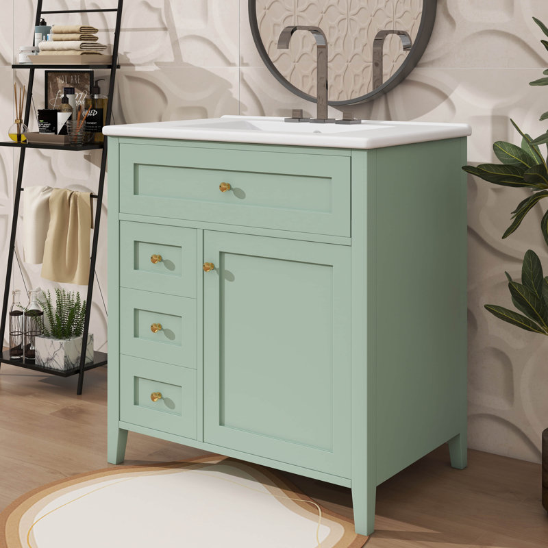 30-Inch Independent Bathroom Vanity With Sink, 3 Left-Side Drawers, Right Cabinet With Adjustable Shelves, Green