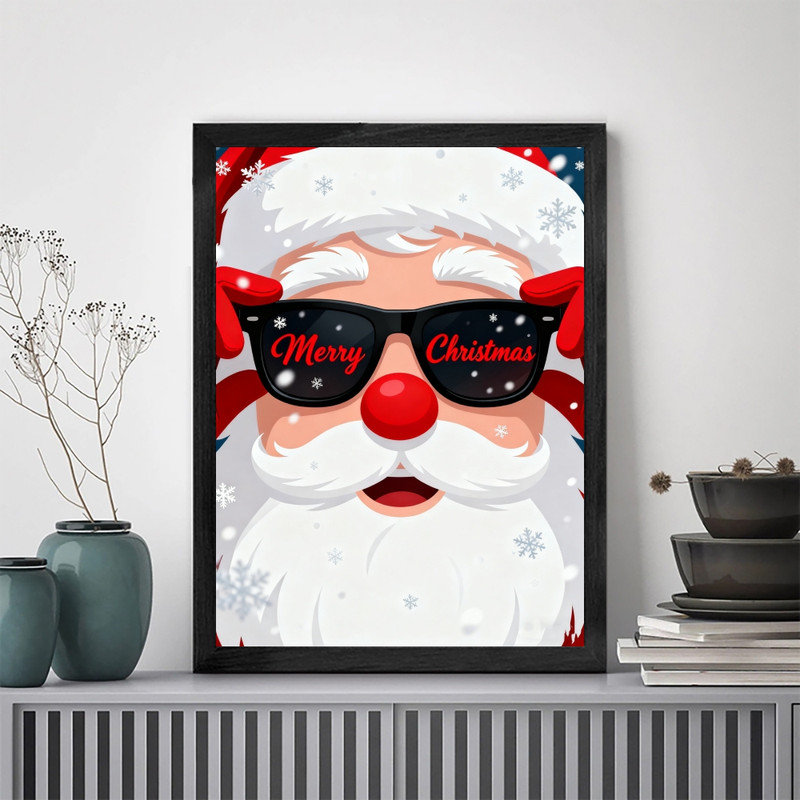 Cadre noir, lunettes de soleil du père Noël, art mural, impression festive et amusante, H 37 po x l 25 po
