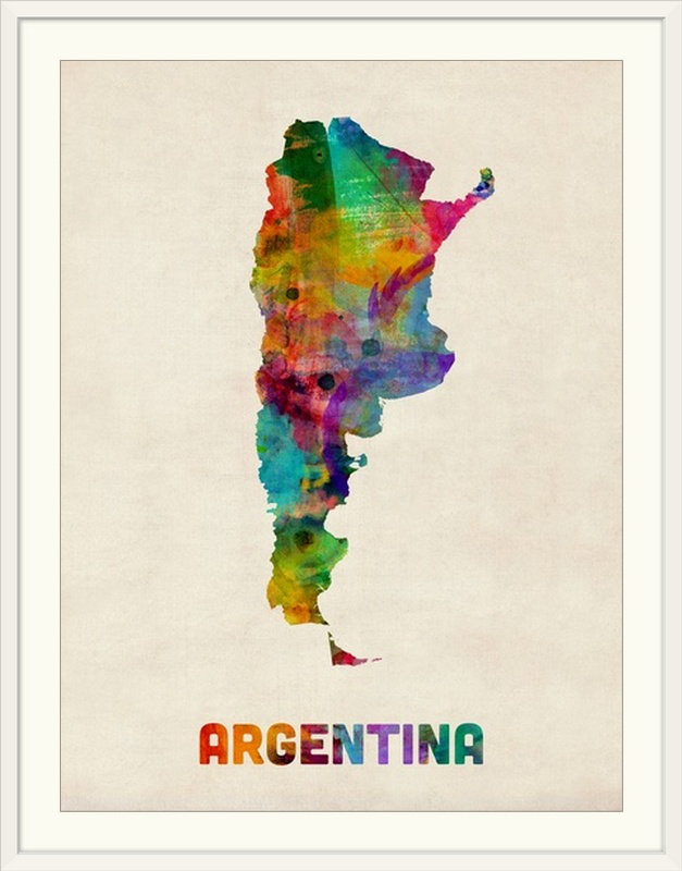 Francy, «Argentine Watercolor Map» par Abarca, impression, Cadre blanc, H 32 po x l 26 po x P 1 po
