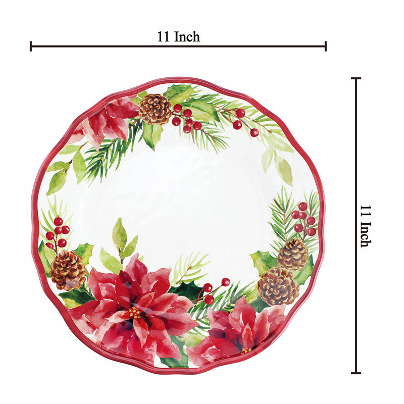 Poinsettia and Pinecone Melamine Christmas Dinner Plates, Set of 6