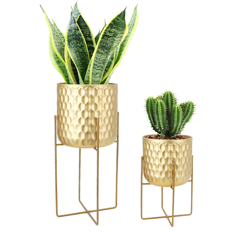 Nayshaun Set of 2 Modern Metal Planters with Stands 31cm &45cm Flower Holders Pots, Gold