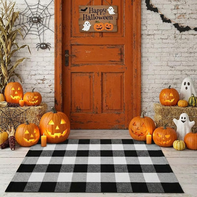 Cotton Buffalo Plaid Rug, Black and White Washable Outdoor Doormat for Front Door, Decorative Layered Door Mat for Porch, Entryway & Patio