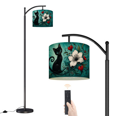  Arc Floor Lamp Cute Black Cat Big Blue Eyes Red Heart Floral Tall Modern Standing Lamp LED Adjustable Linen Lampshade 3 Color Temperatures