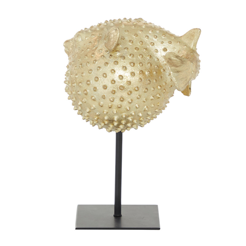 Andice Polyresin Handmade Spiked Blowfish Decorative Gold Sculpture with Stand, 9" H x 13.78" W x 5.15" D