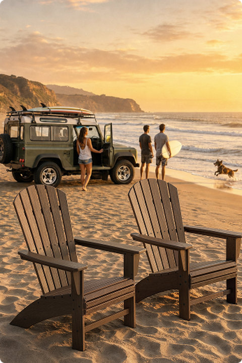 Two black POLYWOOD Adirondack chairs on a sandy beach at sunset, with surfers, a dog, and a vintage SUV near the shoreline