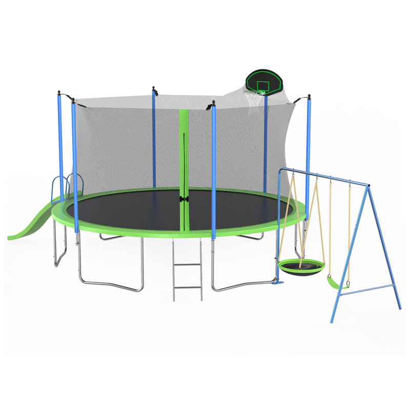 12FT Green Outdoor Trampoline with Slide, Swings, and Basketball Hoop