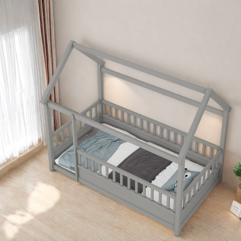 Lits simples en pin gris durable avec cadre de maison élégant