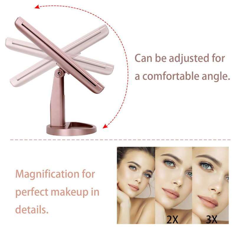 Rose Gold Tri-Fold LED Lighted Vanity Mirror with Magnification