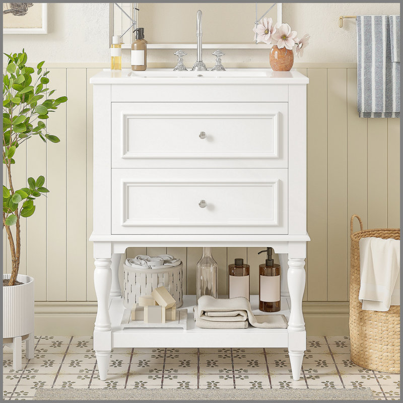 Meuble-lavabo de rangement rétro avec lavabo en céramique et tablette ouverte 24 po Retro Design, White