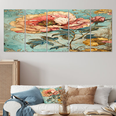 Illustration rétro de pivoines roses et de toiles murales - 5 pièces