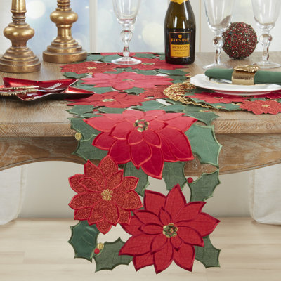 Red & Green Embroidered Glitter Poinsettia Christmas Table Runner 14" X 72"