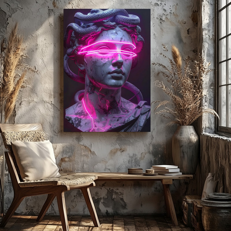 Cyberpunk Medusa buste sculpture sur toile avec éléments de lumière au néon, art mural sur toile prêt à accrocher, décoration moderne