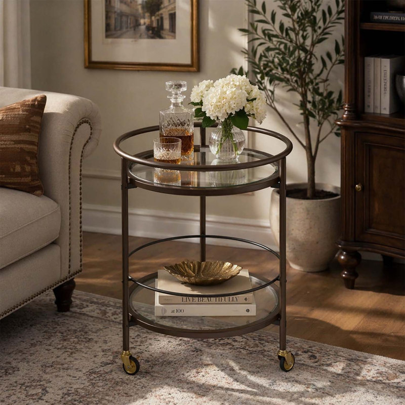 Table d'appoint ronde avec tablettes, finition blanche vieillie pour une élégance moderne, Café